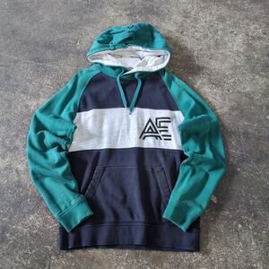 American Eagle Hoodie Sweatshirt Mens XS Blue Green Pullover Sweater Preppy Y2K